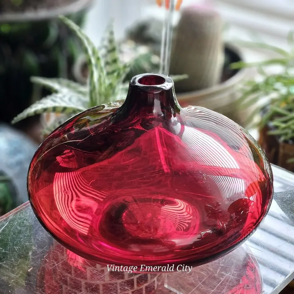 Vtg Ruby Cranberry Red Salong Hand Blown Glass Bud Vase Rounded Accent Piece